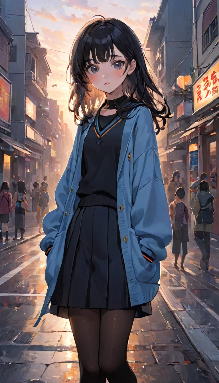 Highest quality:1.2、masterpiece、One Girl, The way the eyes and face are drawn is completely out of whack..、Detailed face and eyes、Detailed face、(Sunset sky), Stand up and wave、Street Corner、Cityscape, scenery, School Cardigan, (Sleeves are longer than the wrist), Powerful loafers, Black ash two side up hair, Blunt bangs, Beautiful dark eyes, Black knee socks, Cinema Lighting, Upper Body, :3,