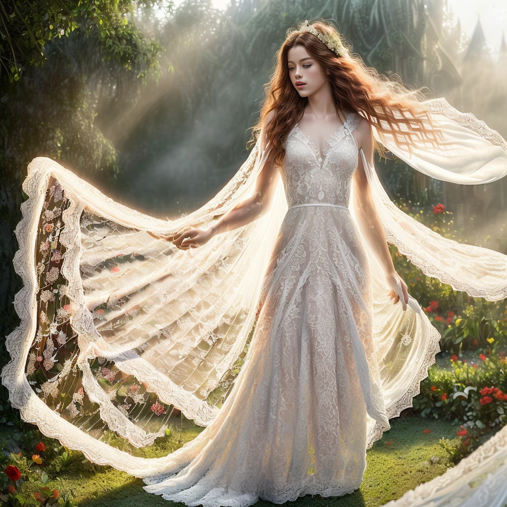 (Mackenzie Foy ginger hair stunning girl, 30 years old stunning girl , red rose and orchid garden, epic garden  , ( white long lace gown:1.8),(long, messy hair, hair floating in the wind:1.6), blue eyes, detailed eyes, detailed lips, ( sensual, full body:1.5), (photo from low angles:1.5), (gardens  inside the modern Gothic castle,  fog and fog:1.3), low neck, ray tracing, (best quality, 4k, 8k, high resolution, masterpiece:1.2), very detailed, (realistic , photorealistic, photorealistic :1.37), HDR, UHD, masterpiece, professional, bright and neutral colors, studio lighting