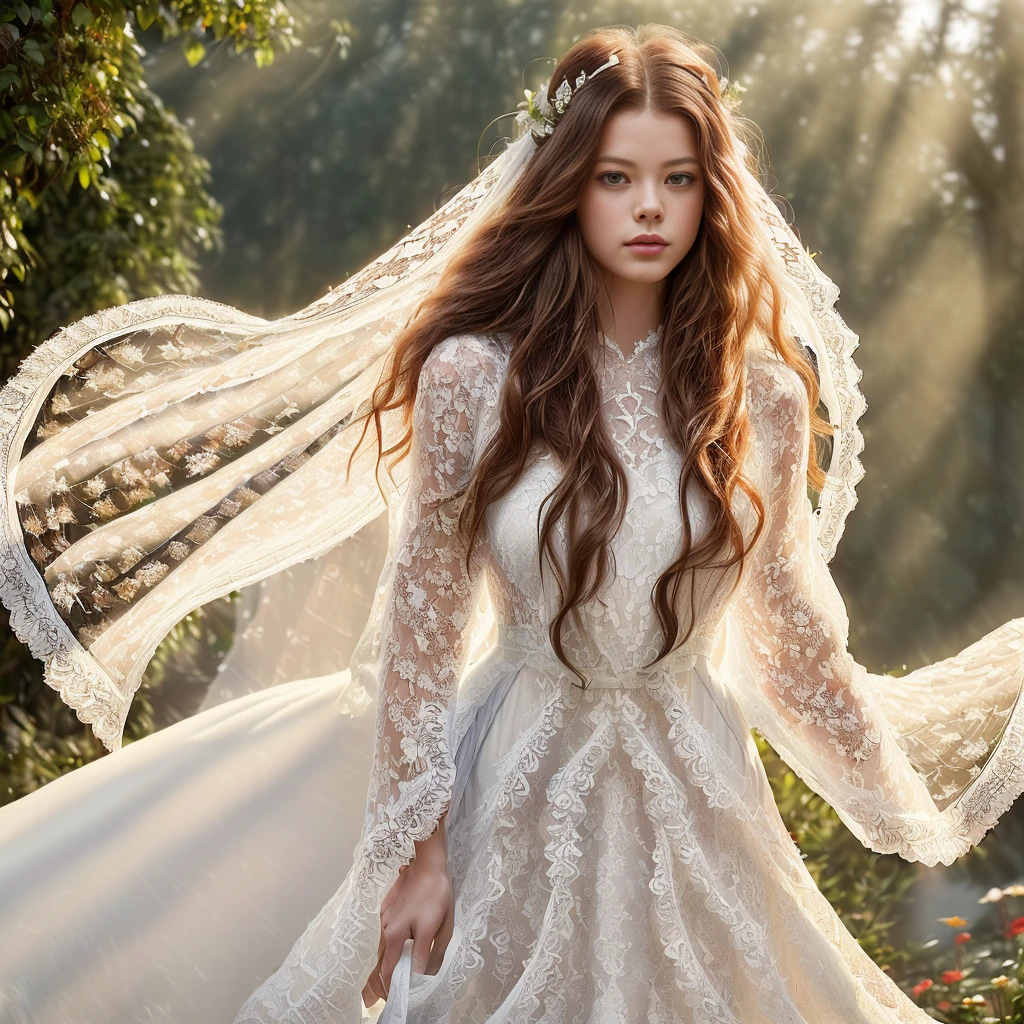 (Mackenzie Foy ginger hair stunning girl, 30 years old stunning girl , red rose and orchid garden, epic garden , ( white long lace gown:1.8),(long, messy hair, hair floating in the wind:1.6), blue eyes, detailed eyes, detailed lips, ( sensual, full body:1.5), (photo from low angles:1.5), (gardens inside the modern Gothic castle, fog and fog:1.3), low neck, ray tracing, (best quality, 4k, 8k, high resolution, masterpiece:1.2), very detailed, (realistic , photorealistic, photorealistic :1.37), HDR, UHD, masterpiece, professional, bright and neutral colors, studio lighting