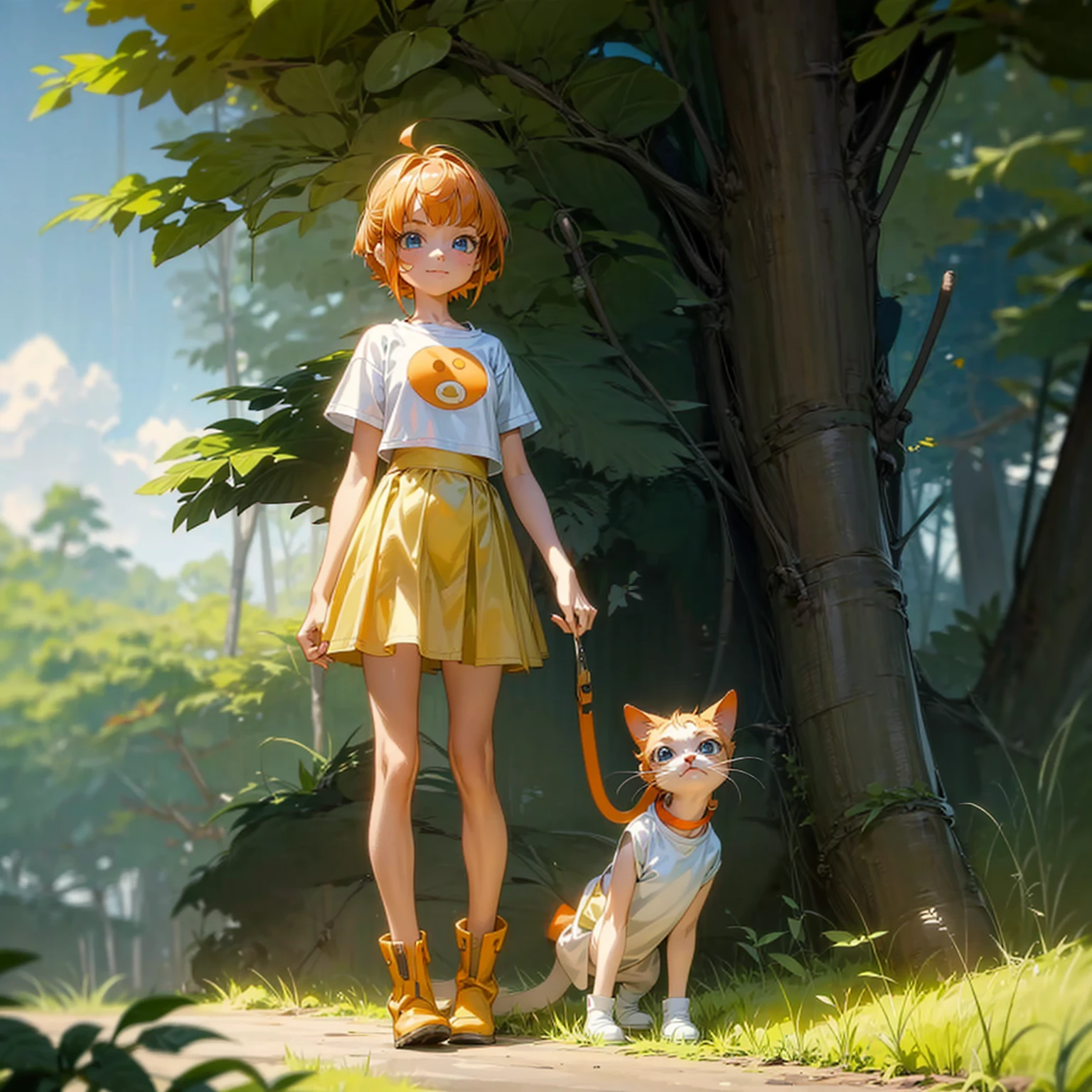 Background in the field forest, Grassroots, one piece style art, Full body version, baby kid girl with her little pet cat, baby kid girl has orange hair, short bob hairstyle, white t-shirt, short yellow skirt, boots, blue eyes, smiley face, standing gesture