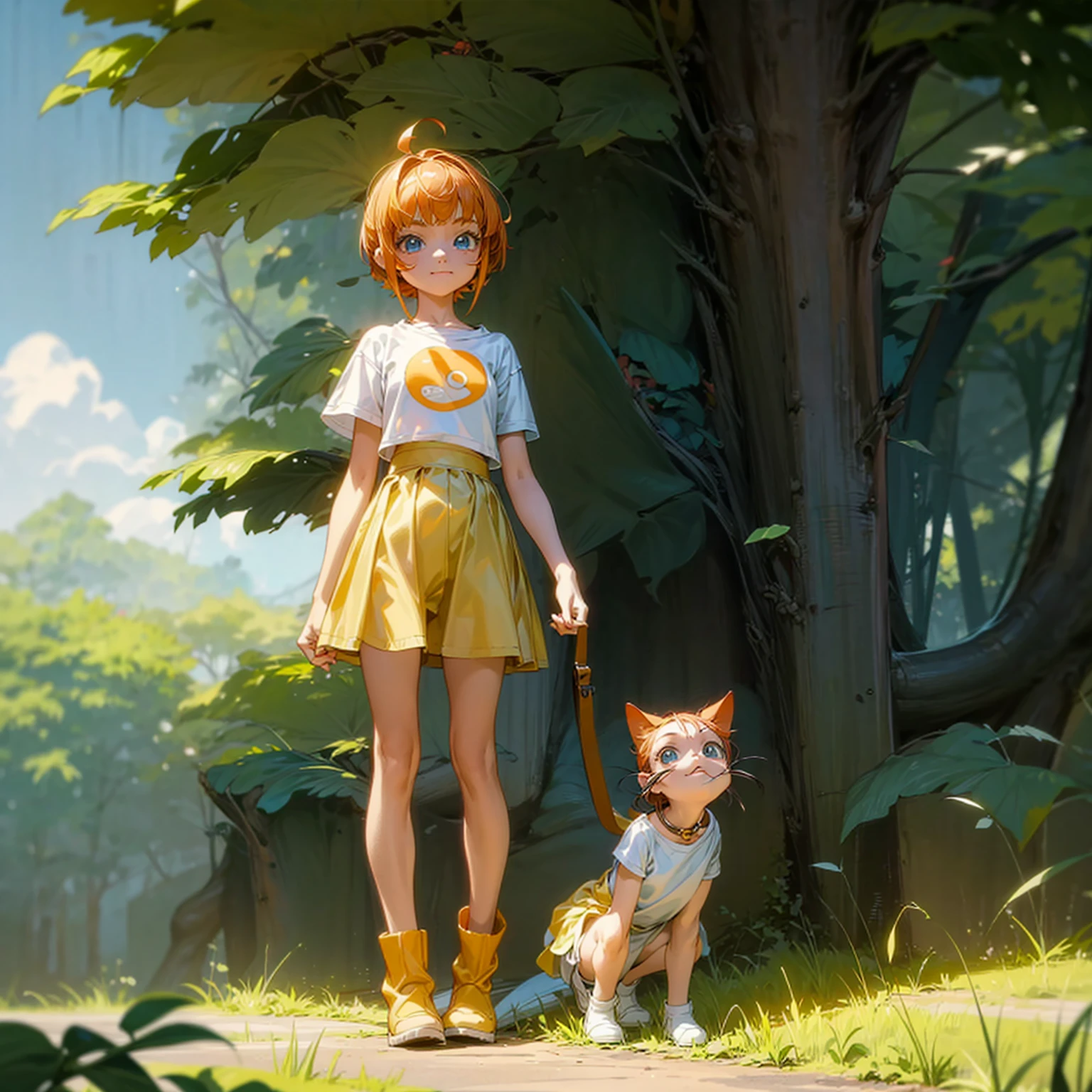 Background in the field forest, Grassroots, one piece style art, Full body version, baby kid girl with her little pet cat, baby kid girl has orange hair, short bob hairstyle, white t-shirt, short yellow skirt, boots, blue eyes, smiley face, standing gesture