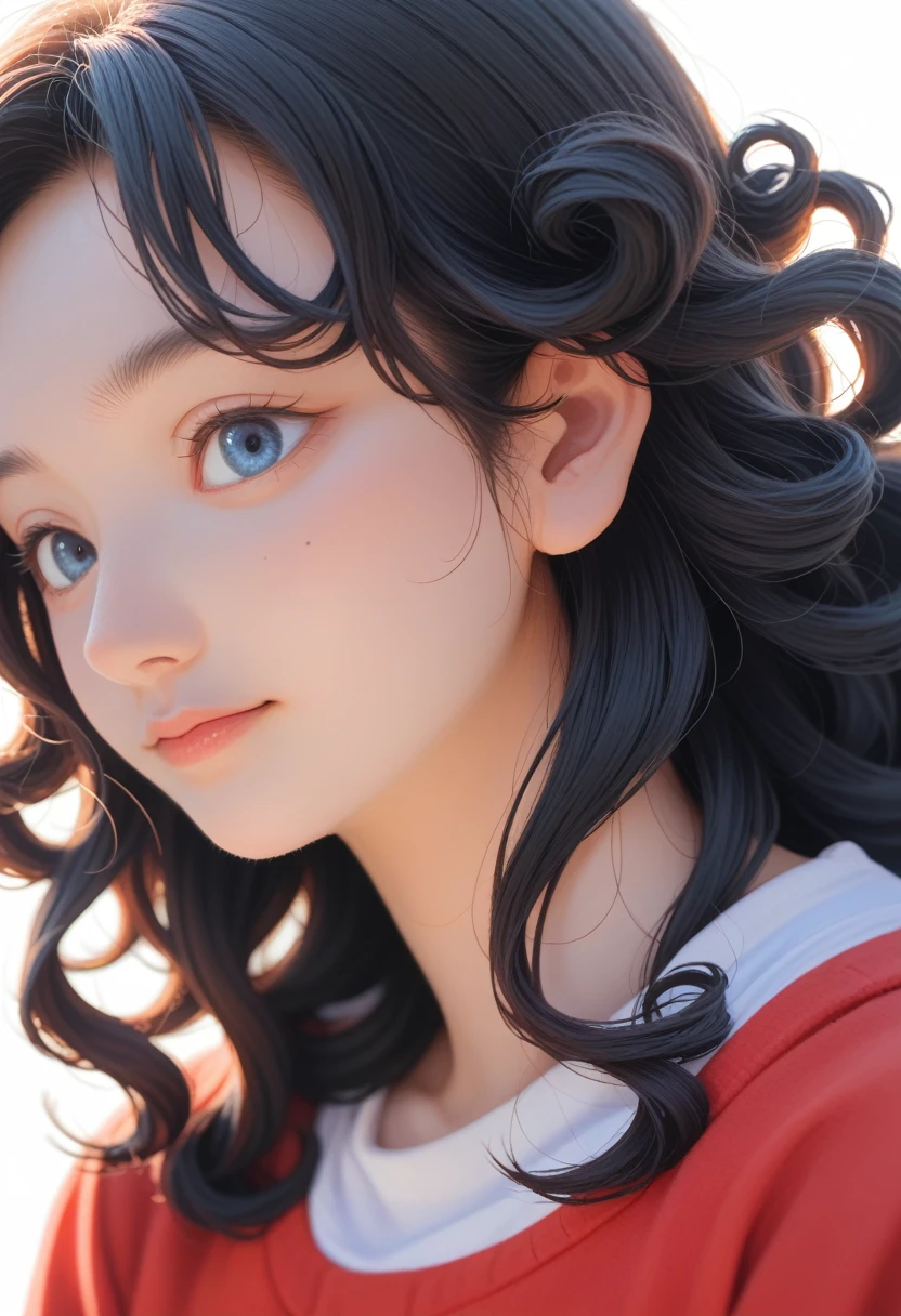 score_9_up, score_8_up, score_7_up,Black Hair, Japanese cartoons, Ghibli, Japanese cartoons style, close up, from the side, First-person perspective, 8K, Super Detail, masterpiece,Super Detail, high quality, high resolution, High Detail, White background, Facial details, happiness, curls, blue eyes
