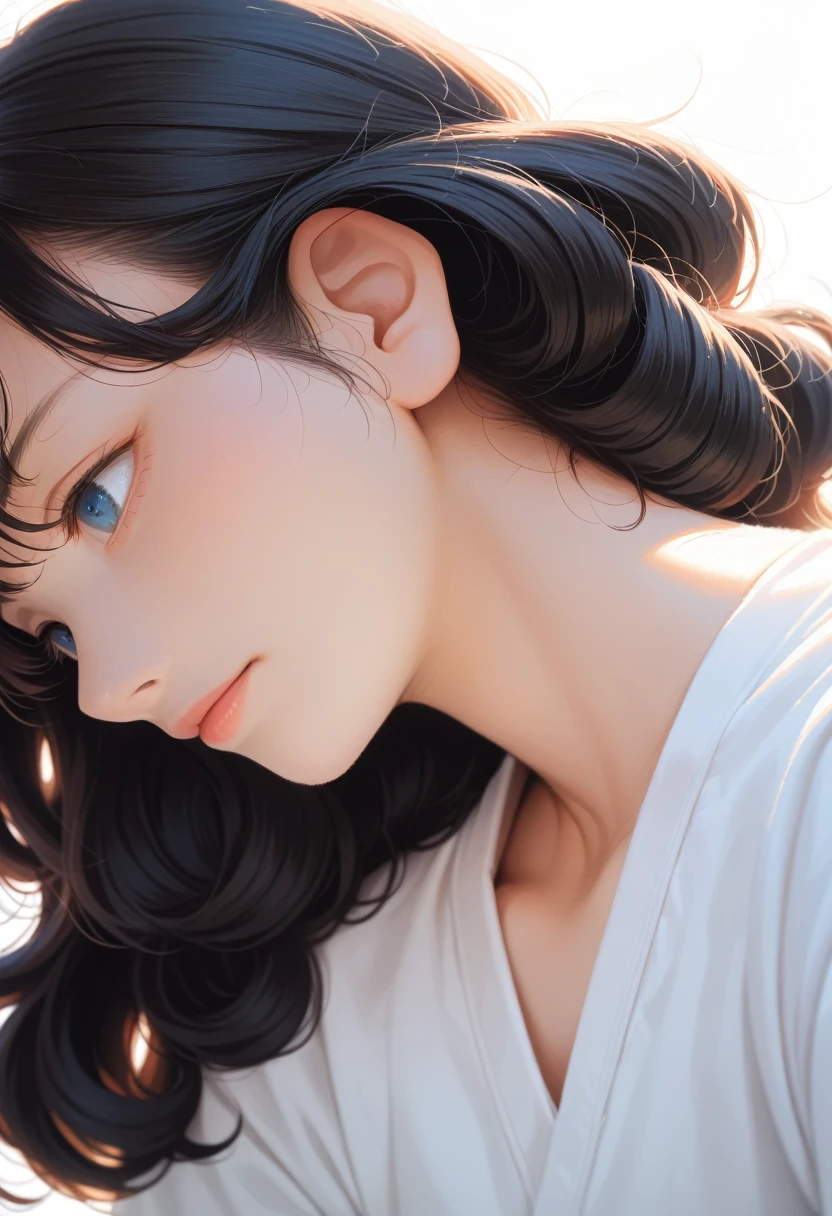 score_9_up, score_8_up, score_7_up,Black Hair, Japanese cartoons, Ghibli, Japanese cartoons style, close up, from the side, First-person perspective, 8K, Super Detail, masterpiece,Super Detail, high quality, high resolution, High Detail, White background, Facial details, happiness, curls, blue eyes