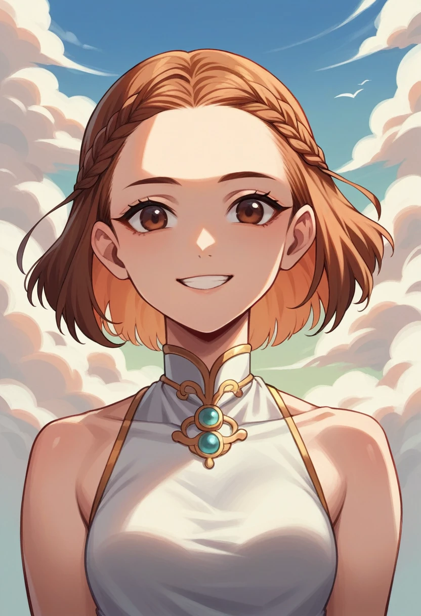 kouko, 1 girl, Alone, thergo_hair, short_hair, open_boca, Brown_hair, dress_blue_sky_cthero, Brown_eyes, jewelry, aboveper_body, braid, outdoor, colther_of_perthes, orange_hair, alternate_hairstyle, during, hair_above, smiling, looking_of_Forehead, smiling, with_the_look_of_Forehead_their_eyes, of_good_quality, Beautiful