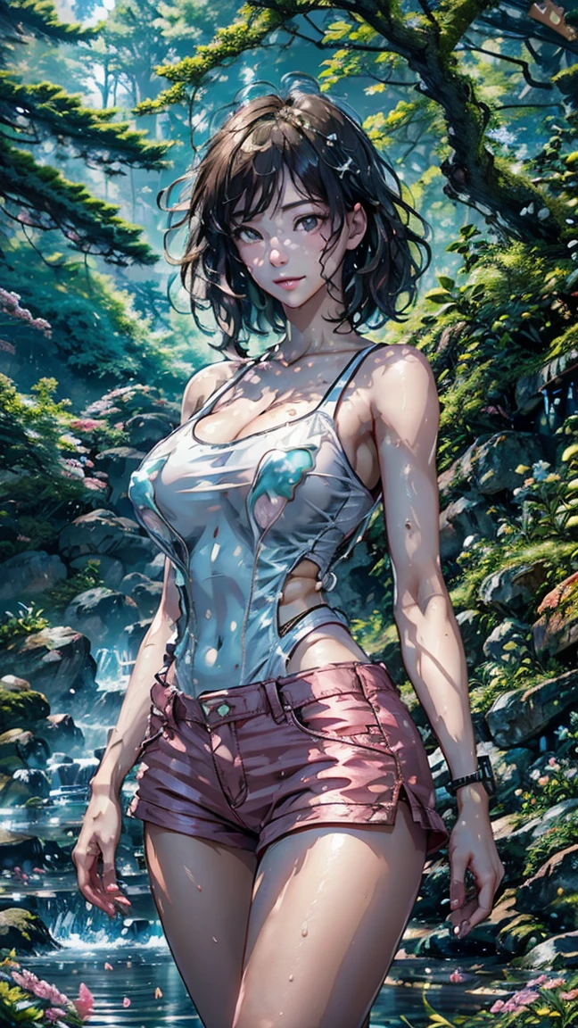 Best quality, masterpiece, super high resolution, a super model soaking in a hot spring in Japan, outdoor hot spring, stone hot spring, surrounded by moss and trees, super beautiful face, pure body, clear pores visible, (smile:0.8), wearing (), (realism:1.5), original photo, soaked body, covered in sweat, bare shoulders, in the dark, deep shadows, low-key, cold light,  pink  shorts netted, standing, hand on waist, hand behind head , light smile, mecha girl,