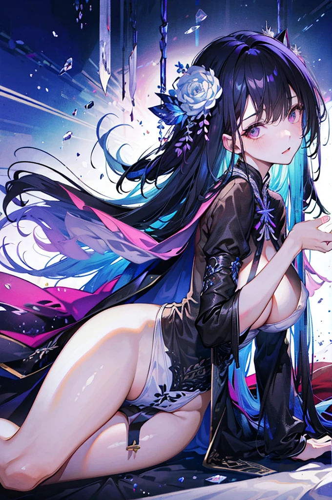  (((masterpiece))), best quality, Ultra-fine CG unity 8k wallpaper，A woman with big ，Beauty，Black long hair，Very transparent clothing，weak，Sexy，Color，(Lying in bed)，(nsfw:0.8)，lactation，Milk，😍，