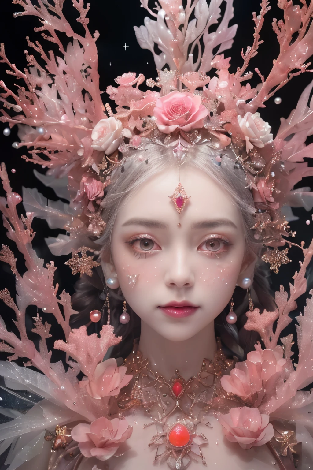 photo raw, (Black color, pink, fuchsia, Red : Portrait of a spooky long-tailed crystal, white ice crystals, opal snowflake, rose gold mineral, female, glowing aura, very detailed, Frozen Organically Grown Crystals, gold and pearl work, Intricate motifs, Organic Tracery, Kirnan Shipka, Janusz Mirales, Hikari Shimoda, Glowing Stardust by W. Zellmer, perfect composition, smooth, sharp focus, shiny particles, vibrant coral reef background realistic, realism, HD, 35mm photo, 8k), masterpiece, award-winning photography, natural light, perfect composition, high detail, surreal