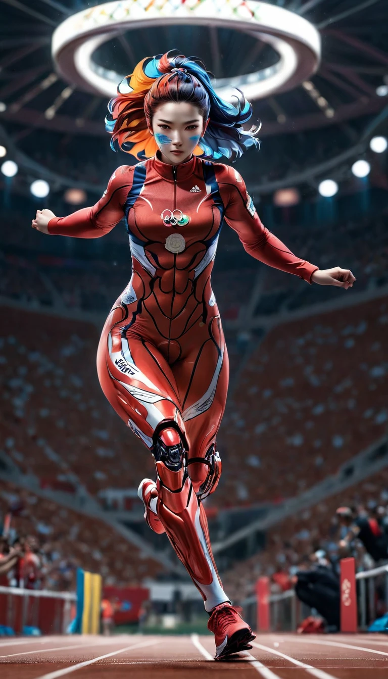 a  sports shot of a para Olympic game participant runner, (one of her legs) is mechanical prosthetic leg, a woman sports athlete, ((full body shot: 1.5)), ((anatomically correct: 1.5)) (ultra detailed face: 1.2), dynamic hair style, dynamic hair color, dynamic skin complexion, wearing track suit, sports shoes, running in the Olympics, she has (one mechanical leg), vibrant, Ultra-high resolution, High Contrast, (masterpiece:1.5), highest quality, Best aesthetics), best details, best quality, highres, 16k, [ultra detailed], masterpiece, best quality, (extremely detailed) RAW, photograph Cinematic Hollywood Film