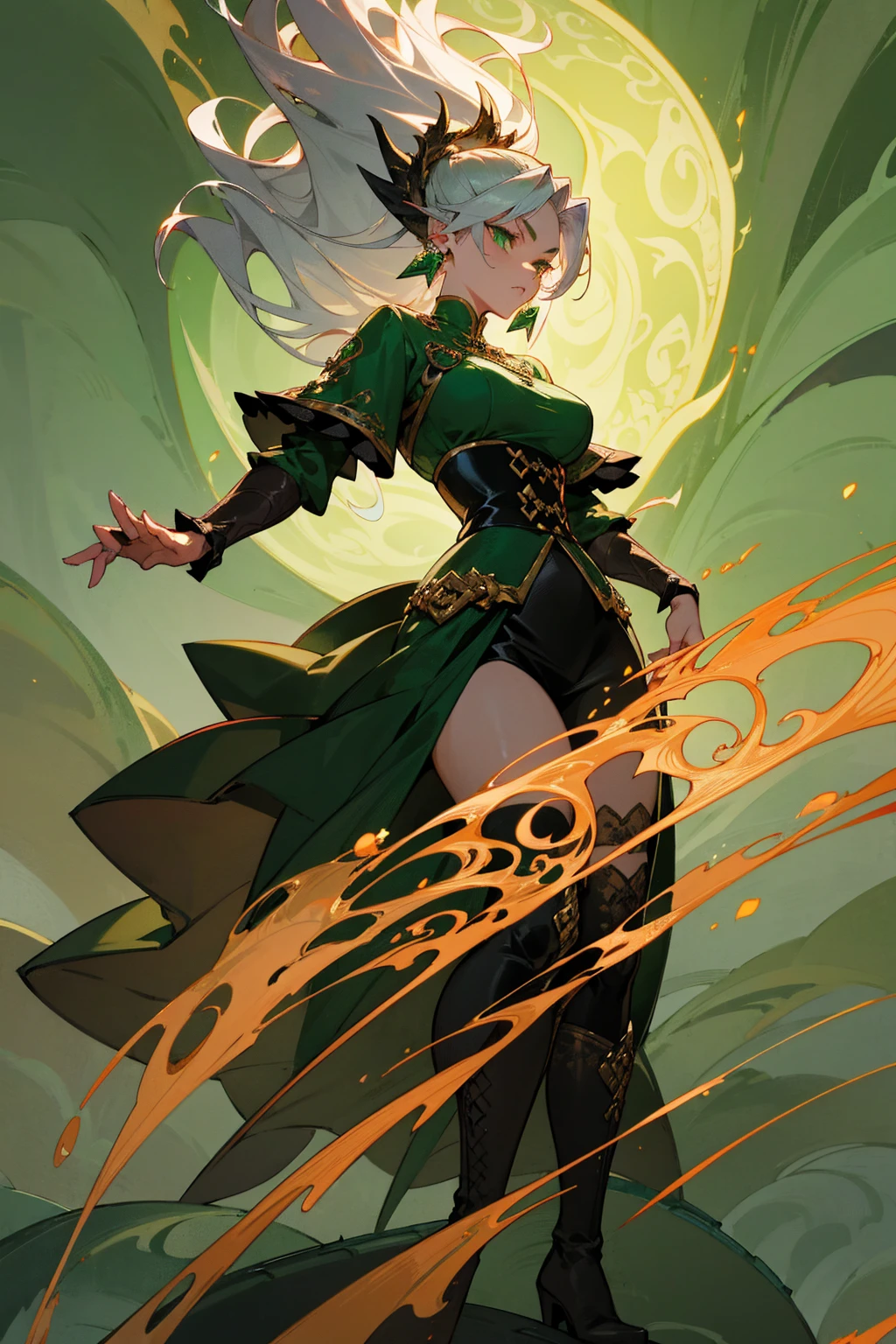 1female, silver hair with subtle dragon-scale highlights, styled in flowing waves, emerald green eyes, fierce yet elegant expression, dark red and gold dragon-themed corset, flowing black skirt with scale patterns, knee-high black boots, dragon-shaped earrings, ethereal misty forest background with ancient ruins and glowing runes, detailed face, hands to side, standing on path