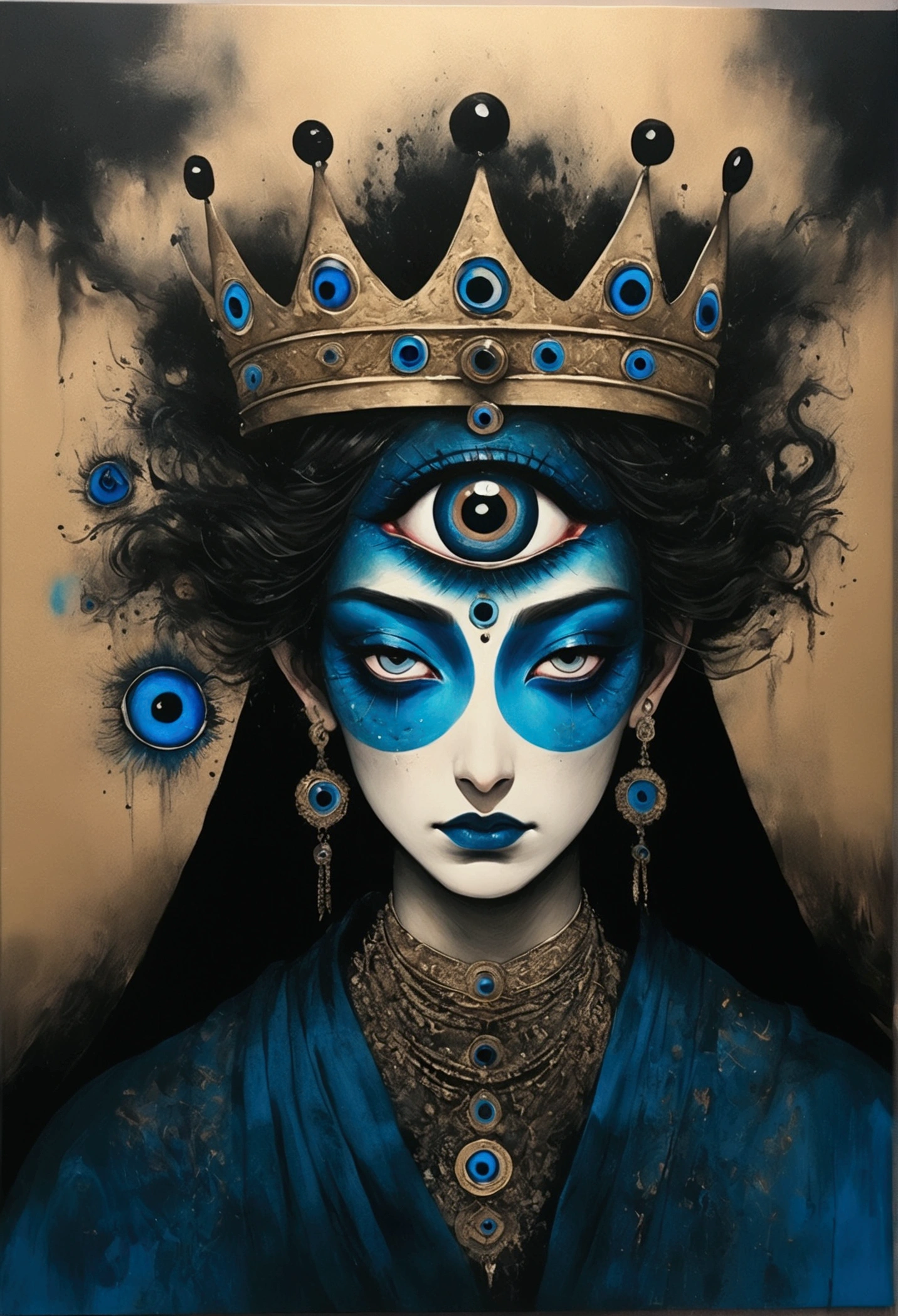 Combination of ink painting and oil painting,Third Eye Vision。king,crown,3d,Dark eyeshadow,whole body,robe,Wide Angle,Black and blue