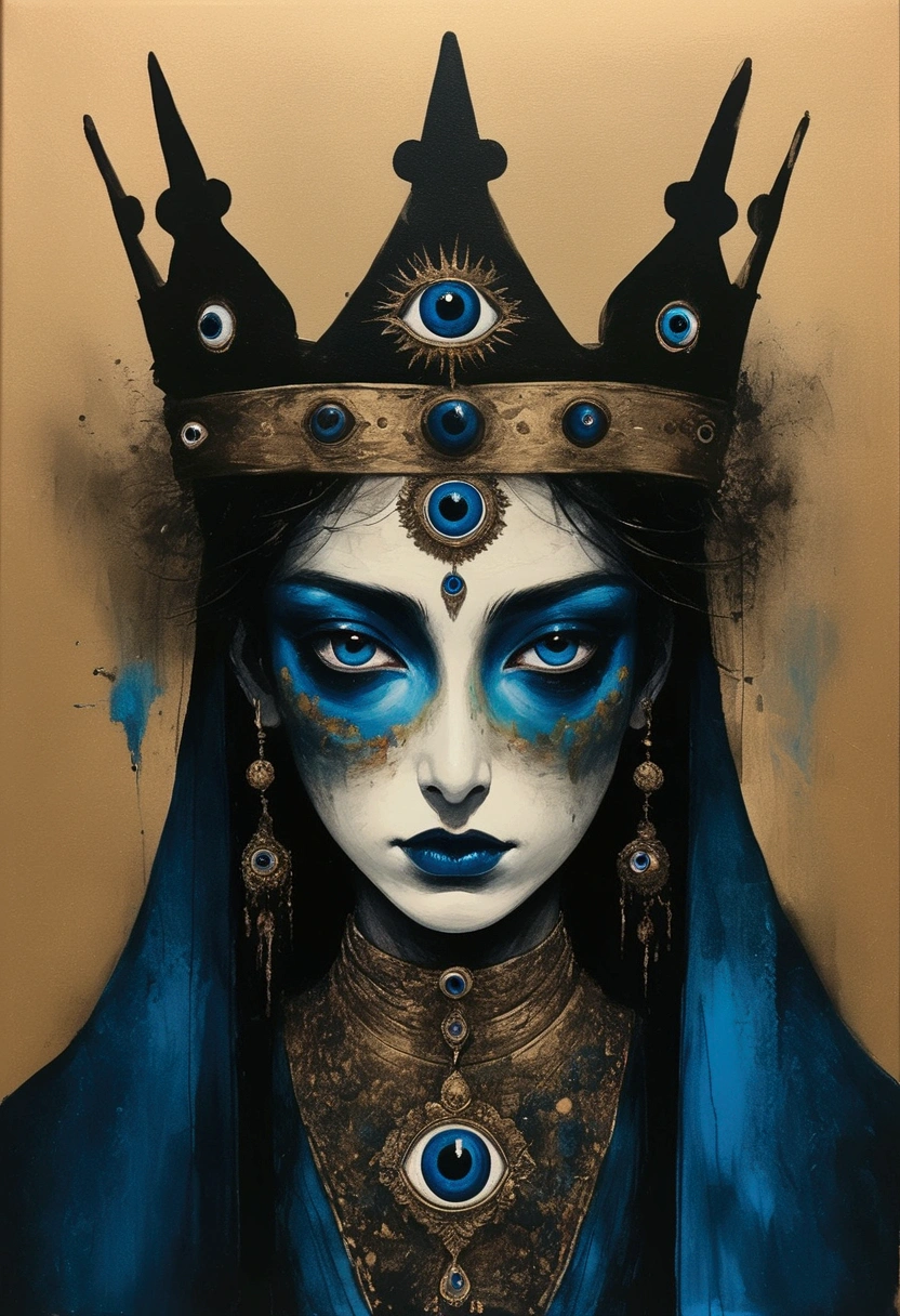 Combination of ink painting and oil painting,Third Eye Vision。king,crown,3d,Dark eyeshadow,whole body,robe,Wide Angle,Black and blue