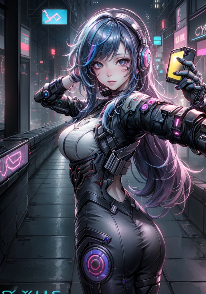 Analog Style, Too many model shoots, (Selfie:1.8), One girl, (cyber punk:1.8, cyber punk city background:1.8), ((Cute Face: 1.8, Perfect Face:1.3)), (Long and colorful hair:1.4, Pale skin:1.5), (From above:1.4, From behind), Highest quality, (color, Hyper Detail:1.5), Octane Rendering, Ultra-realistic texture, Tabletop, Very detailedな CG Unity 8K 壁紙, Very detailed, Ultra-realistic Light
