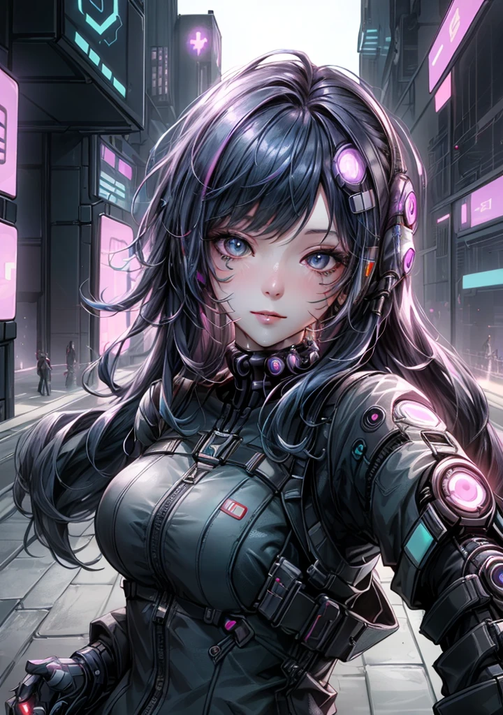 Analog Style, Too many model shoots, (Selfie:1.8), One girl, (cyber punk:1.8, cyber punk city background:1.8), ((Cute Face: 1.8, Perfect Face:1.3)), (Long and colorful hair:1.4, Pale skin:1.5), (From above:1.4, From behind), Highest quality, (color, Hyper Detail:1.5), Octane Rendering, Ultra-realistic texture, Tabletop, Very detailedな CG Unity 8K 壁紙, Very detailed, Ultra-realistic Light