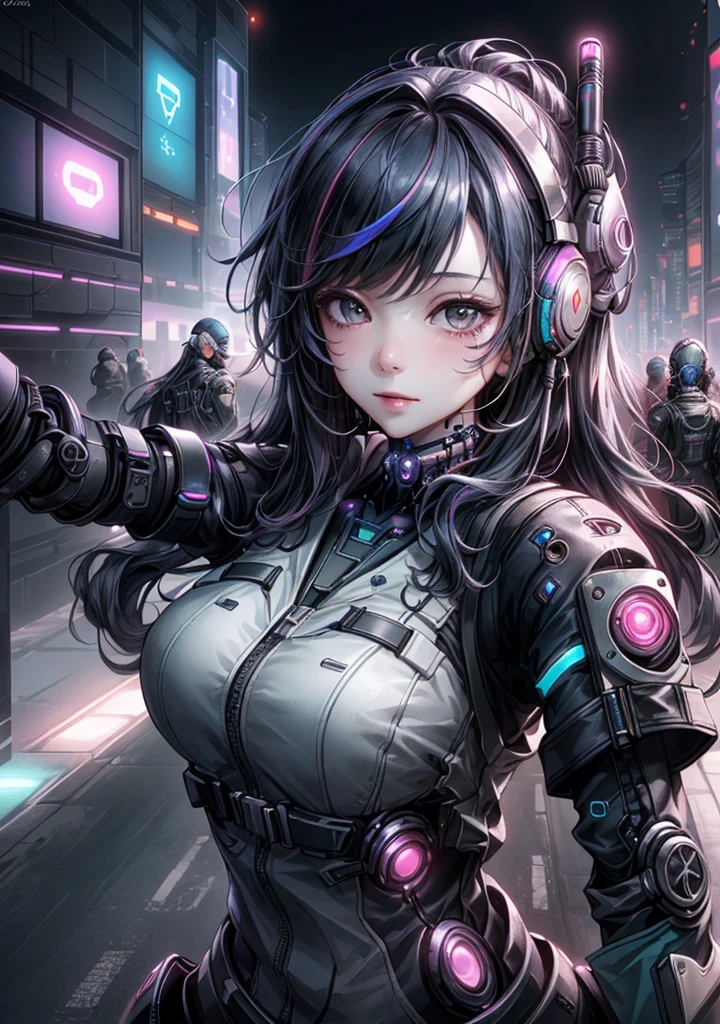 Analog Style, Too many model shoots, (Selfie:1.8), One girl, (cyber punk:1.8, cyber punk city background:1.8), ((Cute Face: 1.8, Perfect Face:1.3)), (Long and colorful hair:1.4, Pale skin:1.5), (From above:1.4, From behind), Highest quality, (color, Hyper Detail:1.5), Octane Rendering, Ultra-realistic texture, Tabletop, Very detailedな CG Unity 8K 壁紙, Very detailed, Ultra-realistic Light