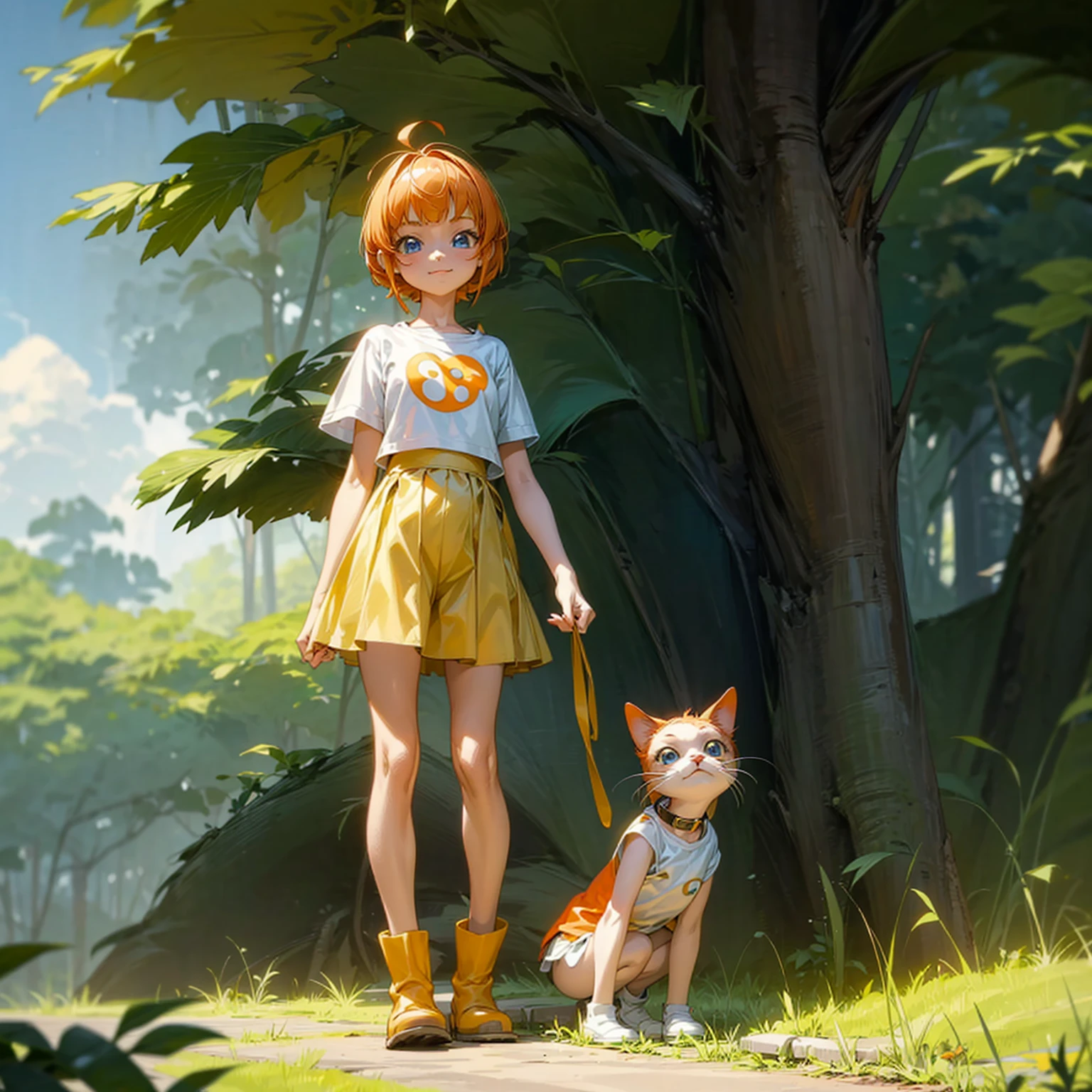 Background in the field forest, Grassroots, one piece style art, Full body version, baby kid girl with her little pet cat, baby kid girl has orange hair, short bob hairstyle, white t-shirt, short yellow skirt, boots, blue eyes, smiley face, standing gesture