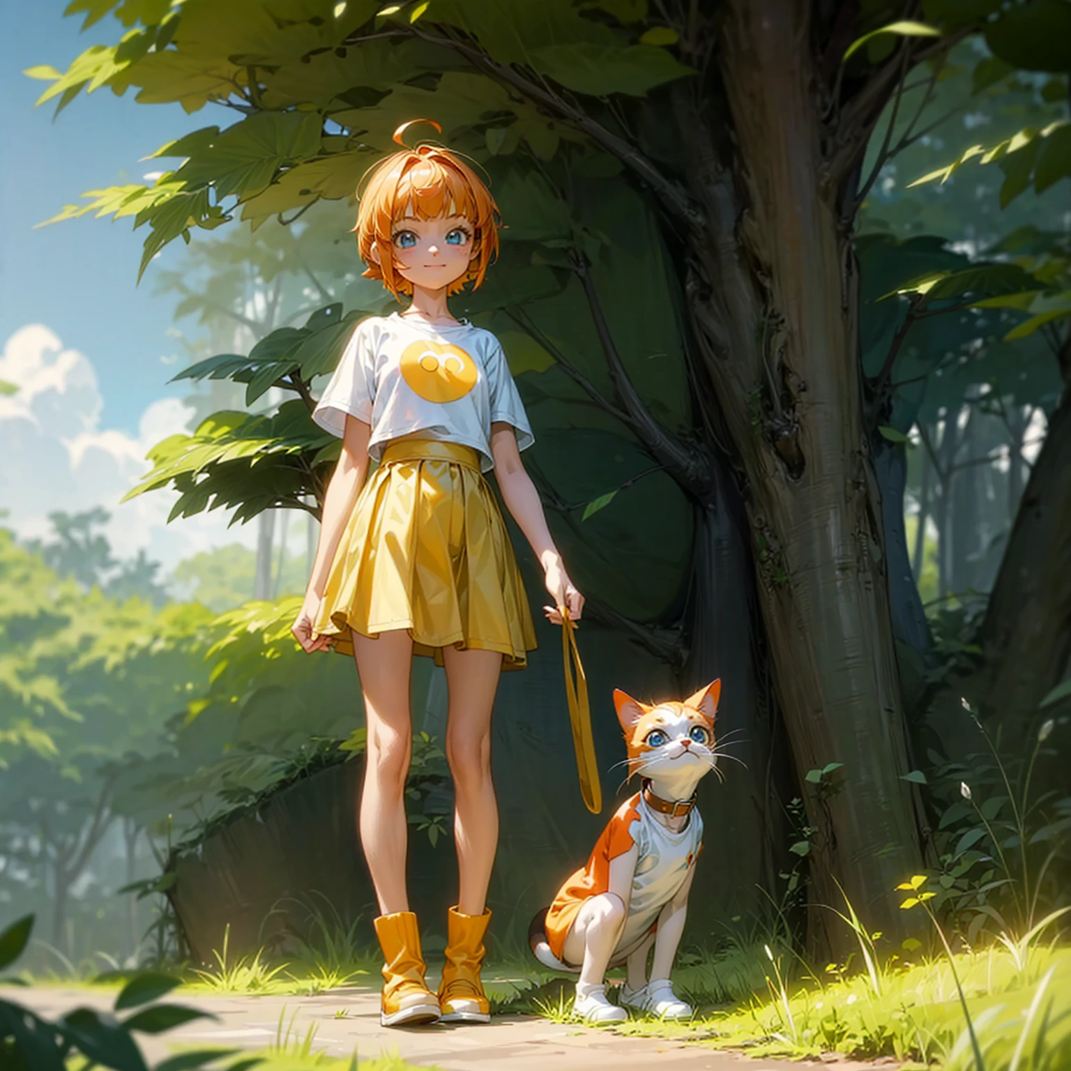 Background in the field forest, Grassroots, one piece style art, Full body version, baby kid girl with her little pet cat, baby kid girl has orange hair, short bob hairstyle, white t-shirt, short yellow skirt, boots, blue eyes, smiley face, standing gesture