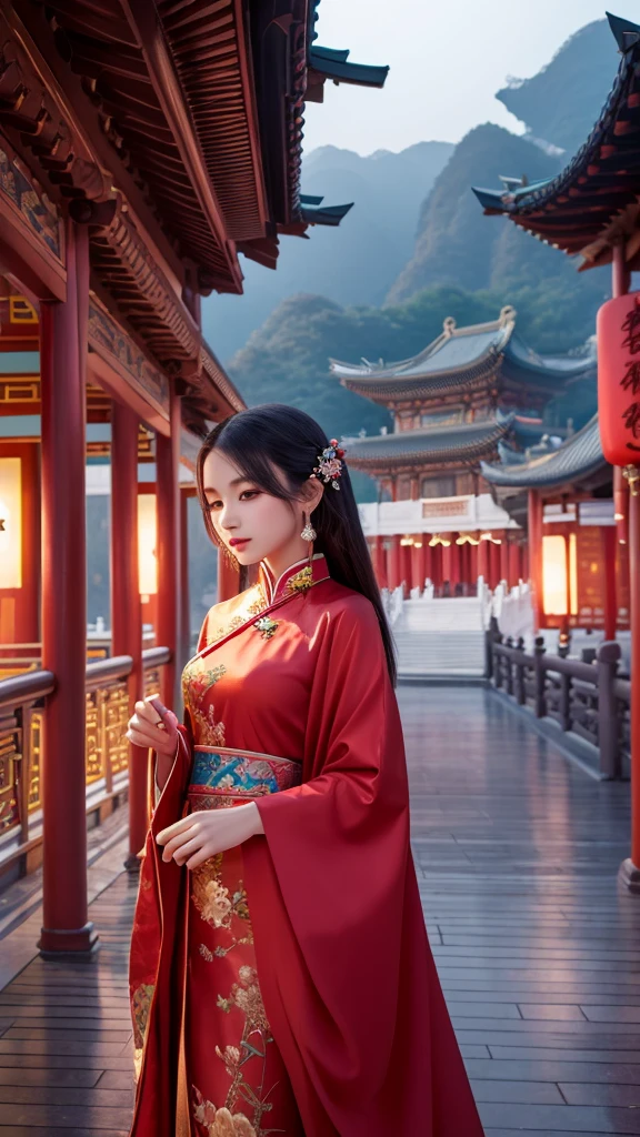 I am captivated by the enchanting figure of the 18-year-old girl in elegant Chinese clothing.,A magnificent temple in the background、Digital Art、High resolution、masterpiece、Mysterious atmosphere、mysterious、beautiful、professional