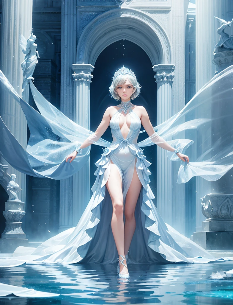 a woman in a dress made of water is standing in the water, wearing a dress made of water, dress made of water, photoshop water art, water art photoshop, water manipulation photoshop, emma watson as the queen of ice, female made of ice, water art manipulation, inspired by Richard Avedon, water fairy, annasophia robb as aphrodite
