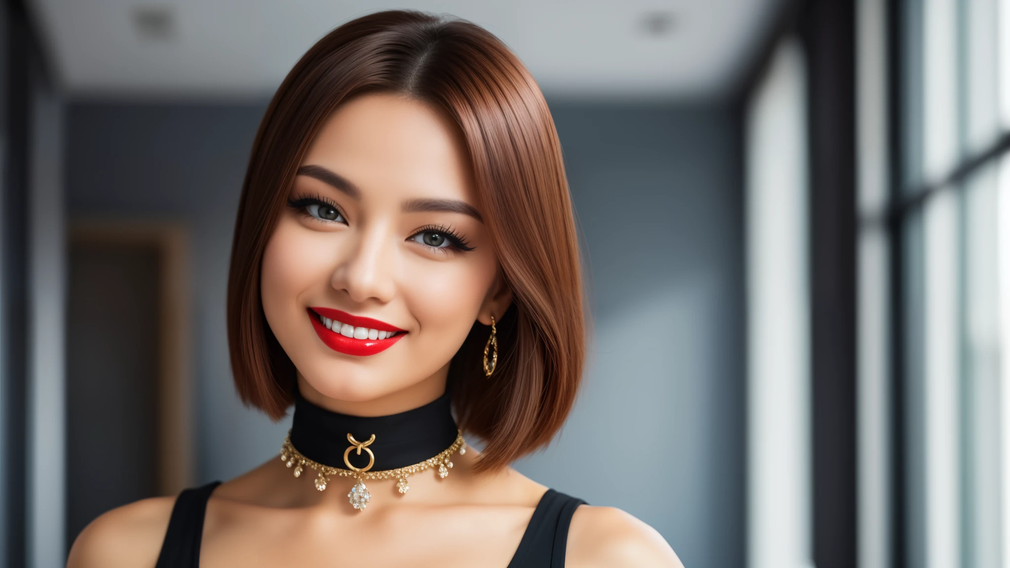 tmasterpiece,best qualtiy,hdr, hyper HD, 8K,Bokeh,Ultra-fine painting,Sharp focus,Physically-based rendering,Extreme detail description,choker, (red lipstick:0,85), smiling, half-body photo，(big breasts:1.2), looking at viewer, (EOS R8, 50 millimeters, F1.2, 8K, RAW photo:1.2)