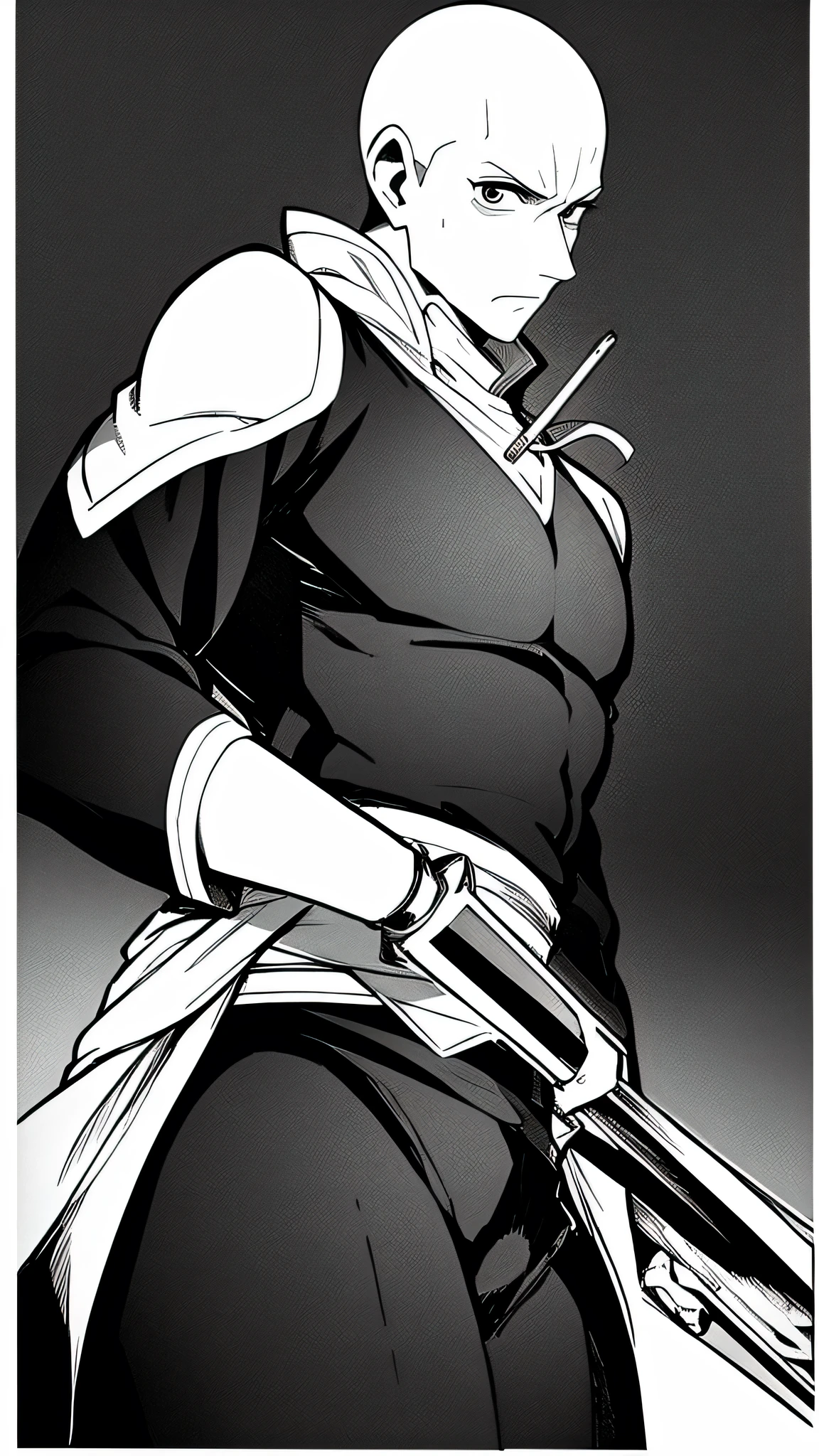 Bald man with long sword looking down, view from Down black and white manga image