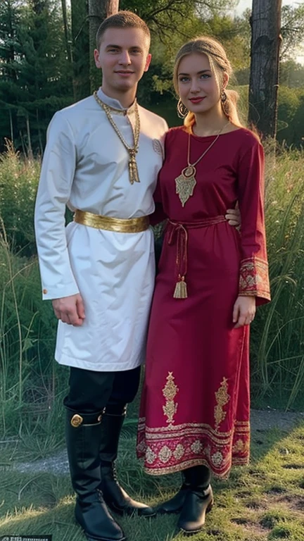 front view, (1 boy and 1 girl is existence), (couple is love), standing ,((couple is hug , gaze at each other, face to face)), (1 man is Russian man, traditional Russian costumes from the 1930s, smile, Black and White design, Cossack hat, long boots ), (1 woman Russian traditional costumes from 1930s, boots), Russian girl is 20 years-old, (blond hair ,double braid, smile), slime body, Russian girl, 18 age old, (Blond hair, middle hair , wince, Gray eyes, beautiful lip, serious), (gold crescent earrings, gold neckless), (big breasts, slender whist, wide hip) ,(wearing traditional ethnic clothing, including a white and red Sarafan and kokoshnik), traditional shoes, The setting is a rural village during a festival, with people engaging in traditional activities and celebrating their heritage , sunset, textured skin , HI detailed skin, (foreshortening, Canon, 8K, anatomically correct, super detail, high details, highness,