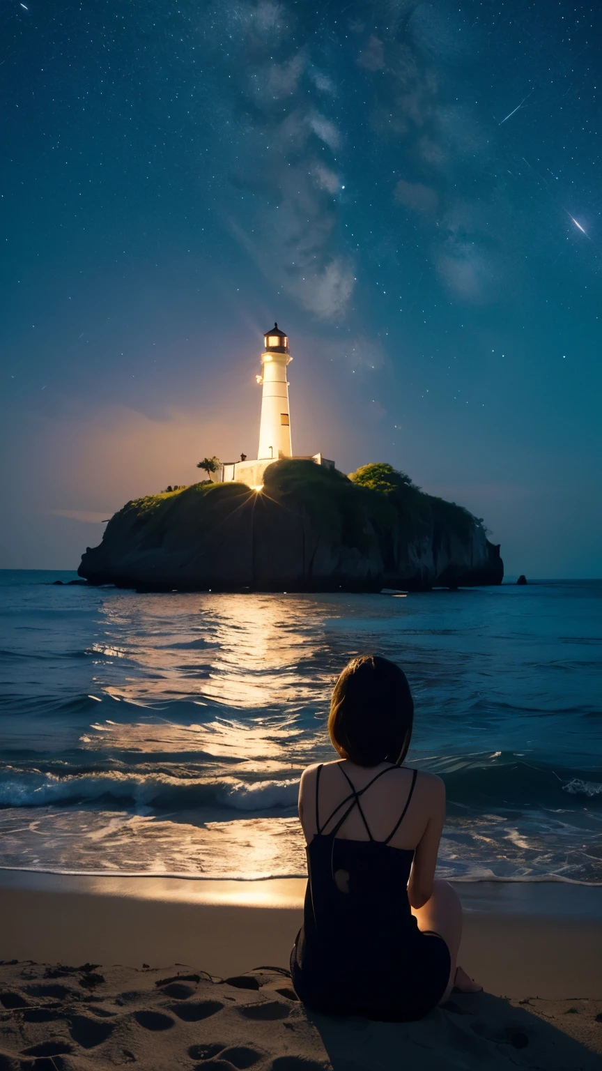 4k beach, lighthouse, at night, there are stars, no clouds, Thailand, shooting stars, a woman sitting with her back turned far away