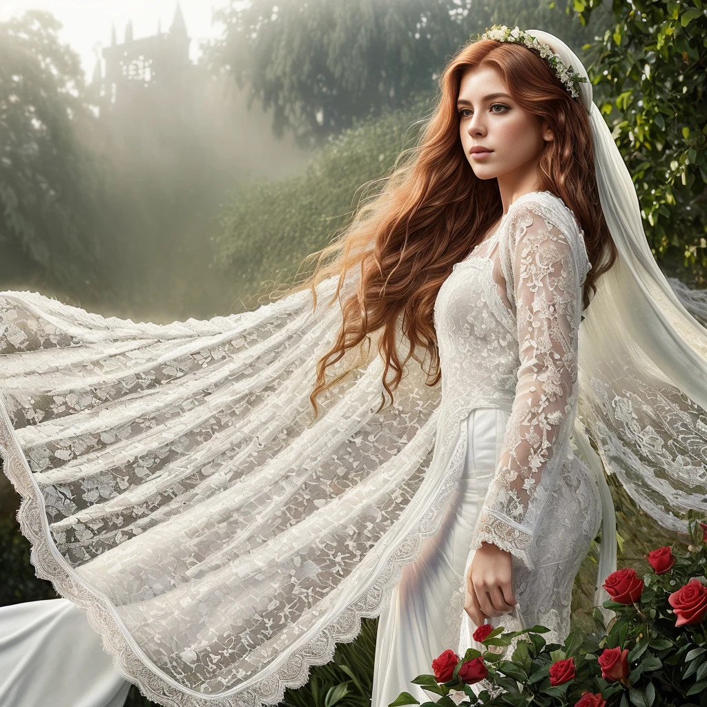ginger hair stunning girl, 30 years old stunning girl , red rose and orchid garden, epic garden , ( white long lace gown:1.8),(long, messy hair, hair floating in the wind:1.6), blue eyes, detailed eyes, detailed lips, ( sensual, full body:1.5), (photo from low angles:1.5), (gardens inside the modern Gothic castle, fog and fog:1.3), low neck, ray tracing, (best quality, 4k, 8k, high resolution, masterpiece:1.2), very detailed, (realistic , photorealistic, photorealistic :1.37), HDR, UHD, masterpiece, professional, bright and neutral colors, studio lighting