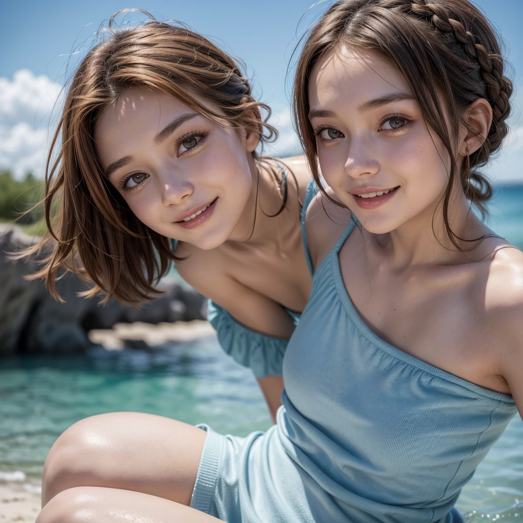 kouko, 1 girl, Alone, thergo_hair, short_hair, open_boca, Brown_hair, dress_blue_sky_cthero, Brown_eyes, jewelry, aboveper_body, braid, outdoor, colther_of_perthes, orange_hair, alternate_hairstyle, during, hair_above, smiling, looking_of_Forehead, smiling, with_the_look_of_Forehead_their_eyes, of_good_quality, Beautiful