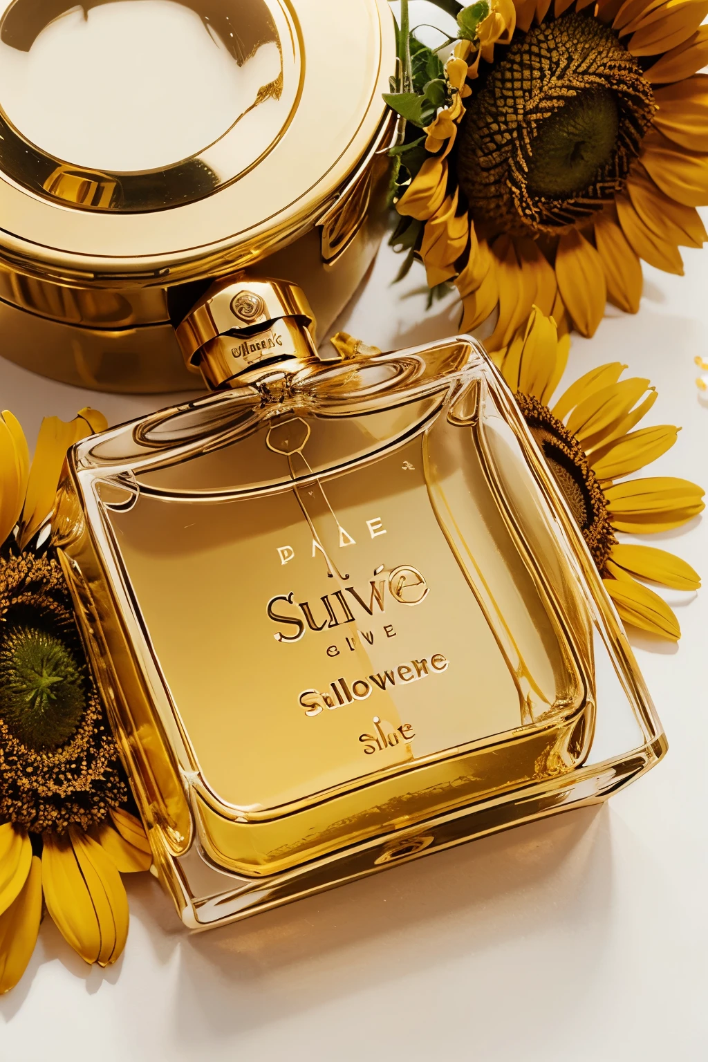 A perfume product with nature and gold theme made of sunflower smell , white background