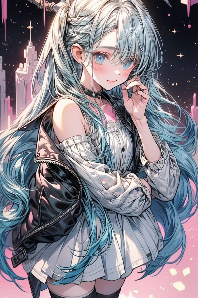 masterpiece, best quality, extremely detailed, (illustration, official art:1.1), 1 girl ,(((( light blue long hair)))), ,(((( light blue long hair)))),light blue hair, , long hair ((blush)) , cute face, big eyes, masterpiece, best quality,(((((a very delicate and beautiful girl))))),Amazing,beautiful detailed eyes,blunt bangs((((little delicate girl)))),(((tareme))),droopy eyes.(true beautiful:1.2), sense of depth,dynamic angle,,,, affectionate smile, (true beautiful:1.2),,(tiny 1girl model:1.2),)(flat chest),Twizzly Gummy Cookie is a Cookie of relatively average height and slim build with dusty rose-colored dough. her left eye is completely covered by a black eyepatch with an array of saturated pink stars on it. She has a long, She wears a tattered, sleeveless, cropped biker jacket with a tall collar, pink interior lining, and pale grey zipping. She also wears plain black short shorts held up by a frayed black belt with a clasp of the same color. Rather noticeably, she wears thigh-high black boots that appear lacquered. GLITTER, JELLY