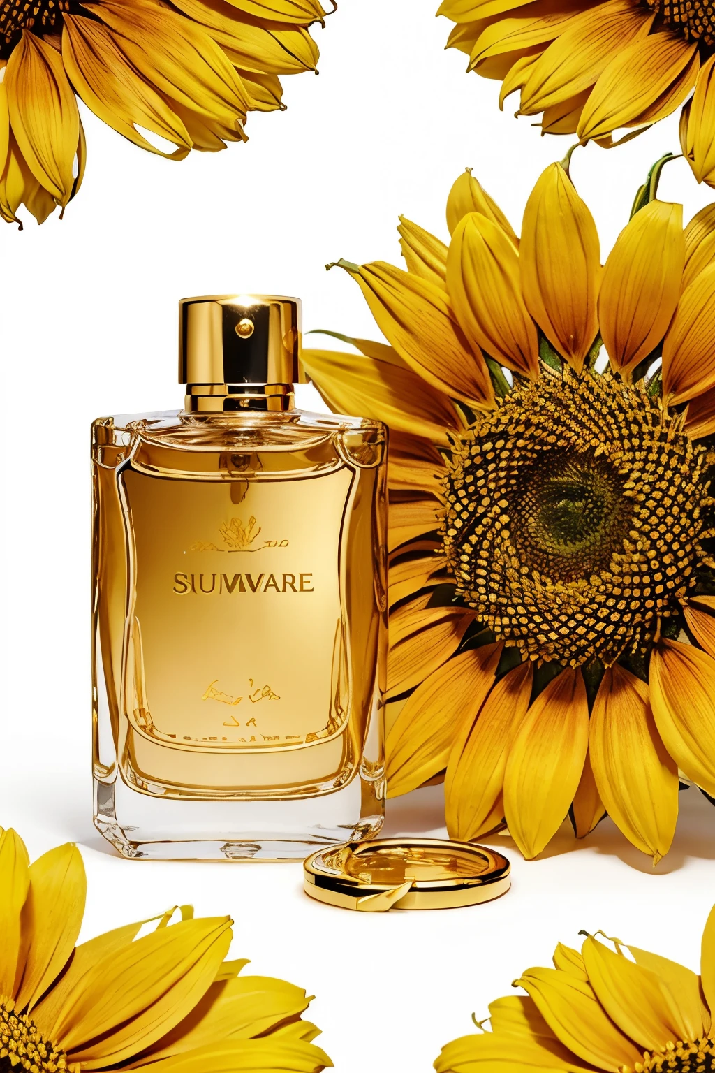 A perfume product with nature and gold theme made of sunflower smell , white background