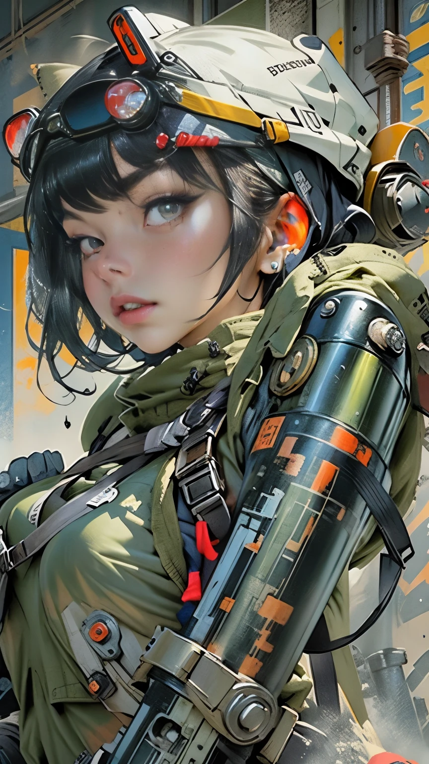 masterpiece、Highest quality、Best Quality、Official Art、Beautiful and aesthetic、 One woman、Age 25、Anti-tank rifles、cartridge、Staring at the audience、bangs、Ammunition belt、gloves、Large Breasts、Firing、Black Hair、Straight Hair、Hime cut、 Very detailed、Supremely detailed、Mixing of optics、Playful patterns、Vivid texture、Unique visual effects、