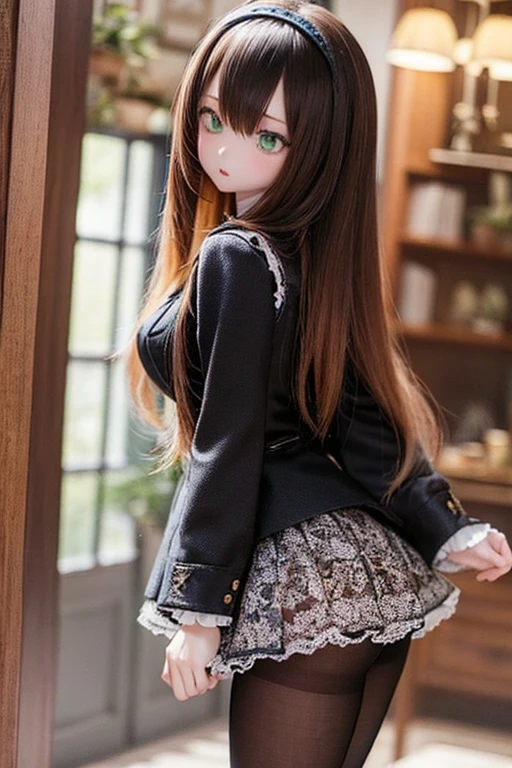 (SFW:2), photorealistic, realistic photo, 8k, ((highest quality)), ((masterpiece)), (extremely detailed), kukolnydom, doll, (mature woman, 21yo, 21 years old, solo:1.6), ((profile, from side, slim, slender, skinny, medium breasts, hairband, ascot, vest, blouse, long puff sleeves, pleated skirt, black pantyhose)), (green eyes, brown hair, long hair, plastic skin, looking at another, glass eyes, gradient eyes, shining eyes, detailed eyes:1.3)