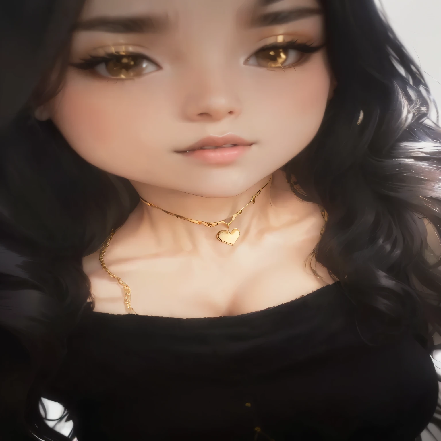 there is a woman with long hair wearing a black top, wearing gold detailed choker, wearing several pendants, wearing gold chain, wearing a gold chain, wearing choker, wearing gold jewellery, small heart - shaped face, gold necklace, sie boob, choker on neck, wearing a golden halo, gold choker, close up half body shot, attractive neck, with round face