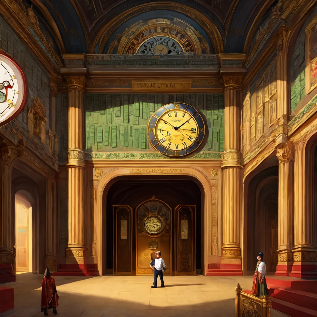 Money wall with a big clock while a king boy wondering it
