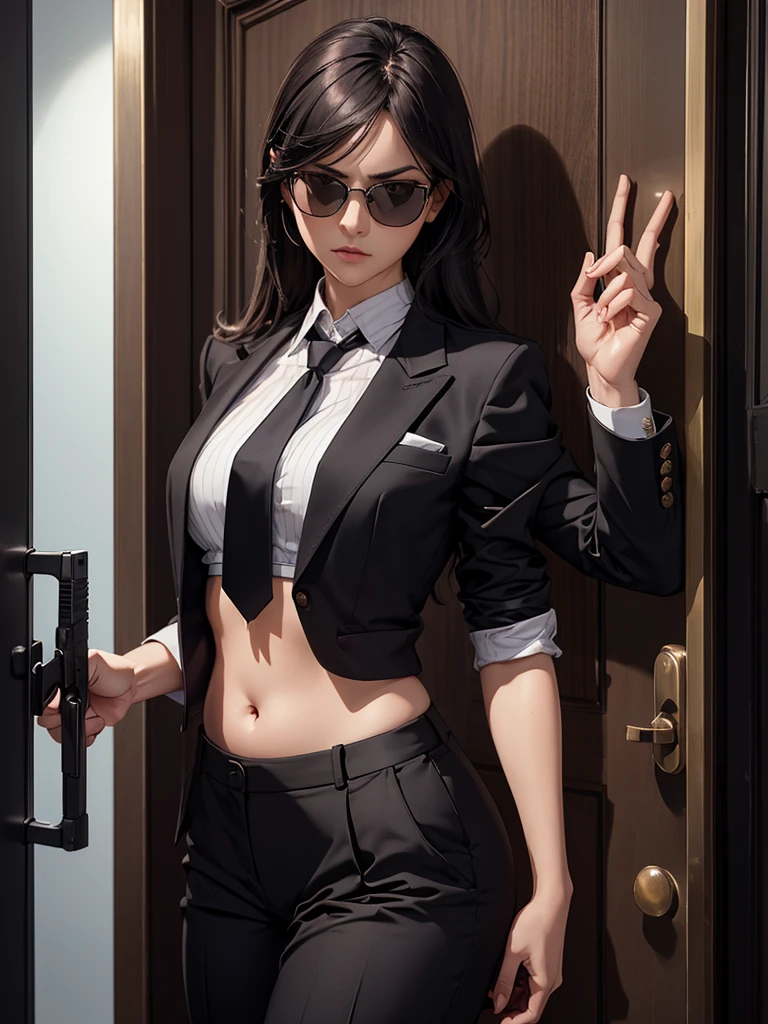 night time, Woman in professional crop top suit, trousers, Show belly, Realistic navel shape, necktie, black sun glasses, secret organization, holding pistol, knock on the door
