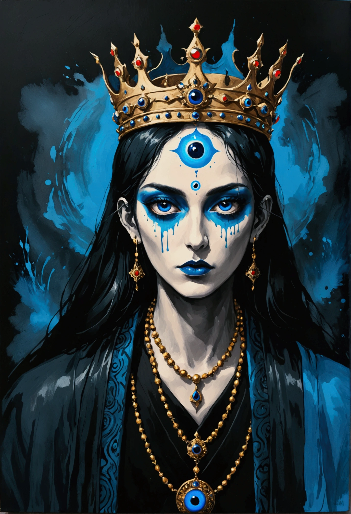 Ink Painting,Third Eye Vision。king,crown,3d,Dark eyeshadow,whole body,robe,Wide Angle,Black and blue,Solid color background