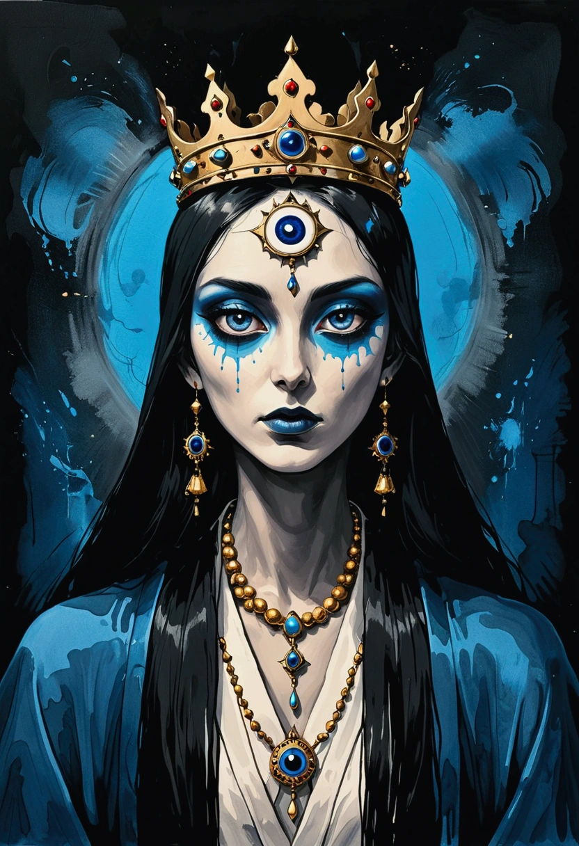 Ink Painting,Third Eye Vision。king,crown,3d,Dark eyeshadow,whole body,robe,Wide Angle,Black and blue