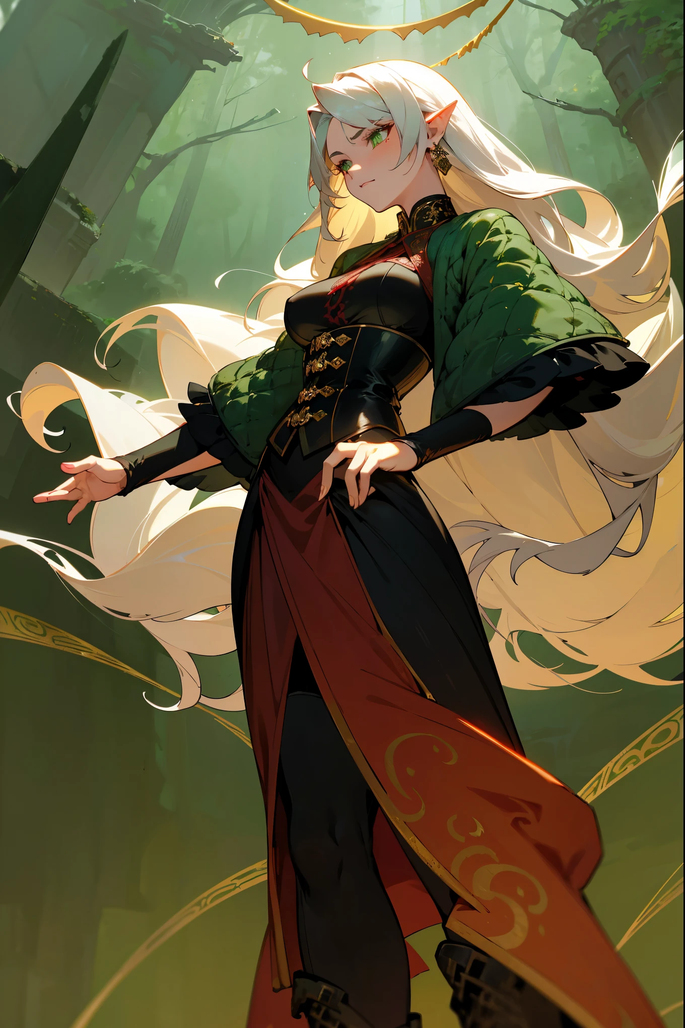 1female, silver hair with subtle dragon-scale highlights, styled in flowing waves, emerald green eyes, fierce yet elegant expression, dark red and gold dragon-themed corset, flowing black skirt with scale patterns, knee-high black boots, dragon-shaped earrings, ethereal misty forest background with ancient ruins and glowing runes, detailed face, hands to side, standing on path