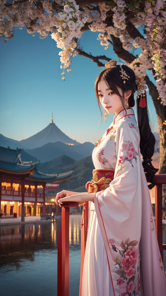 I am captivated by the enchanting figure of the 18-year-old girl in elegant Chinese clothing.,A magnificent temple in the background、Digital Art、High resolution、masterpiece、Mysterious atmosphere、mysterious、beautiful、Spiritual beings watching over us