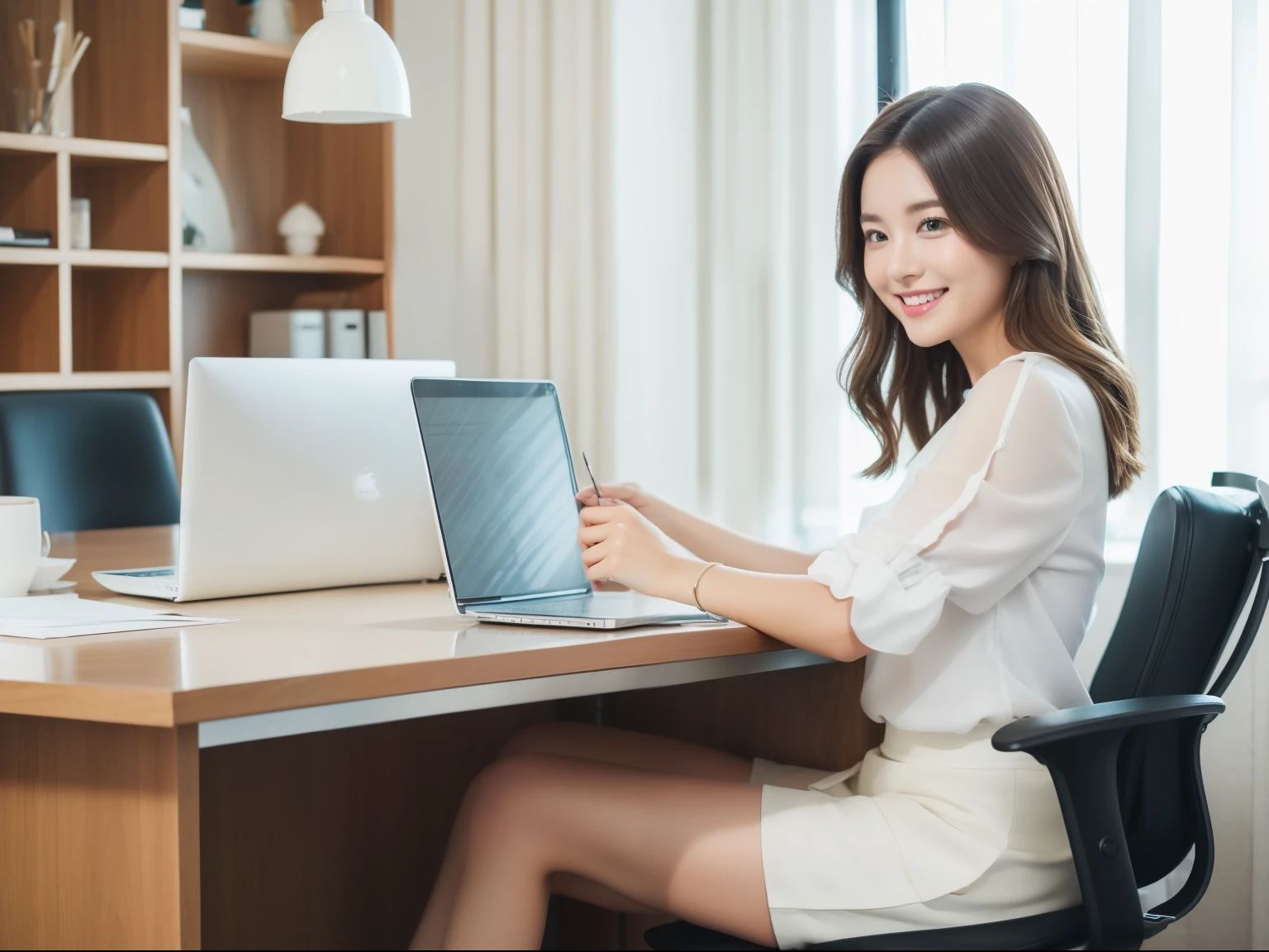 Stylish office、Woman sitting at desk、Face peeking into laptop、Tap your finger on the keyboard、White blouse、Short skirt、smile