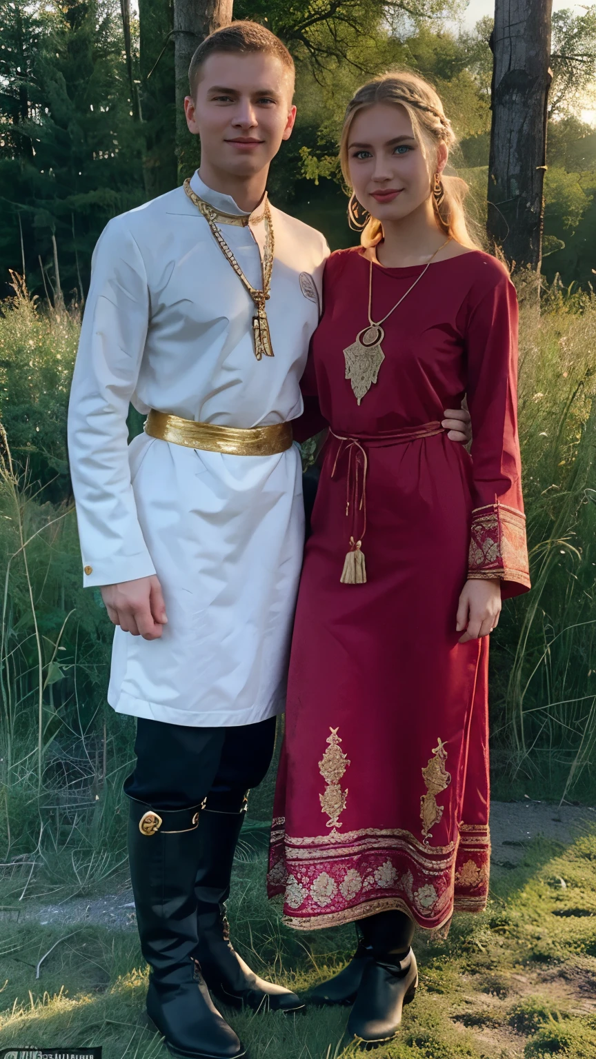 front view, (1 boy and 1 girl is existence), (couple is love), standing ,((couple is hug , gaze at each other, face to face)), (1 man is Russian man, traditional Russian costumes from the 1930s, smile, Black and White design, Cossack hat, long boots ), (1 woman Russian traditional costumes from 1930s, boots), Russian girl is 20 years-old, (blond hair ,double braid, smile), slime body, Russian girl, 18 age old, (Blond hair, middle hair , wince, Gray eyes, beautiful lip, serious), (gold crescent earrings, gold neckless), (, slender whist, wide hip) ,(wearing traditional ethnic clothing, including a white and red Sarafan and kokoshnik), traditional shoes, The setting is a rural village during a festival, with people engaging in traditional activities and celebrating their heritage , sunset, textured skin , HI detailed skin, (foreshortening, Canon, 8K, anatomically correct, super detail, high details, highness,
