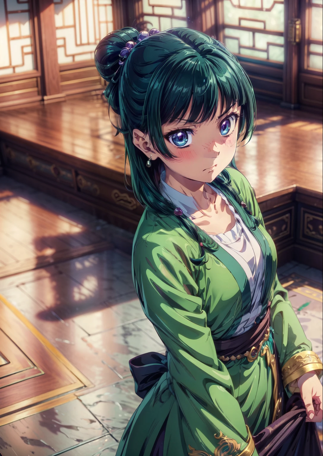 (Masterpiece, High Quality, Top quality, High-Detailed, Detailed CG, Cinematic Shadow, Cinematic Scene, Beautiful Detailed Eyes, Ultra Resolution, Depth of Field, High Resolution, Masterpiece: 1.2), Anime art style, Very detailed, Dynamic Angle, Teen Style, Detailed Green Hair, Detailed Blue Eyes, Slim Body, Cat Ear, Sparkling Eyes, Hair Accessory, Earrings, Slightly Blunt Bangs, Looking at the Audience, (Blush Expression:1.2), (Angry Expression:1.2), (Dark Green Hair), Purple Eye, Five Fingers, Good Composition, Arms, Thighs, Medium Breasts, Medium Size Breasts, Blur Background, Chinese Architectures