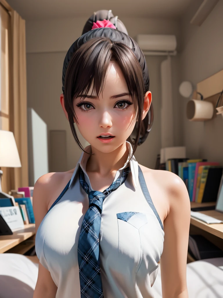 miiyamotohikari,1girl,solo, vignetting,blurry background, realistic,black hair,ponytail,bangs,scrunchie,pink scrunchie, brown eyes, , huge nude tits,necktie,plaid necktie,blue plaid necktie, indoors,bedroom, looking at viewer,rejection,resistance,unhappy,closed mouth,lips,huge breasts nude , upper body,portrait,face focus, glasses