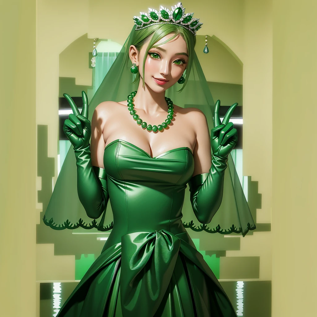 Emerald tiara, Green Pearl Necklace, ボーイッシュな非常に短いGreen Hair, Green Lips, Smiling Japanese woman, Very short hair, Busty beautiful lady, Green Eyes, Green satin long gloves, Green Eyes, Emerald Earrings, Green veil, All, Green Hair, Beautiful Japanese Woman, green lip gloss
