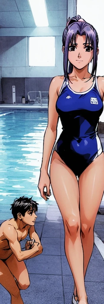 Momoko Koigakubo, a tall girl with beautiful legs, is walking around an indoor pool in a bright blue high-cut competitive swimsuit with the arena logo on it.。A middle-aged man is standing far behind Momoko Koigakubo, pointing the camera lens at her.。