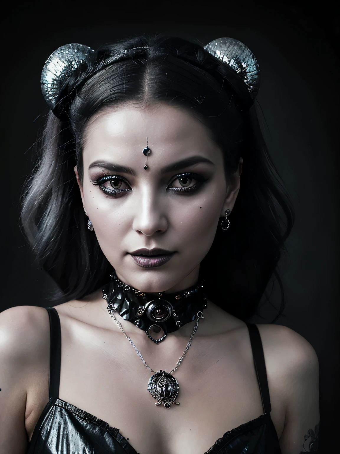lady in black transparency, her face and has silver intrincated accesories, in the style of hell fashion, otherworldly beauty, celestialpunk, album covers, queencore, dark age aesthetics
