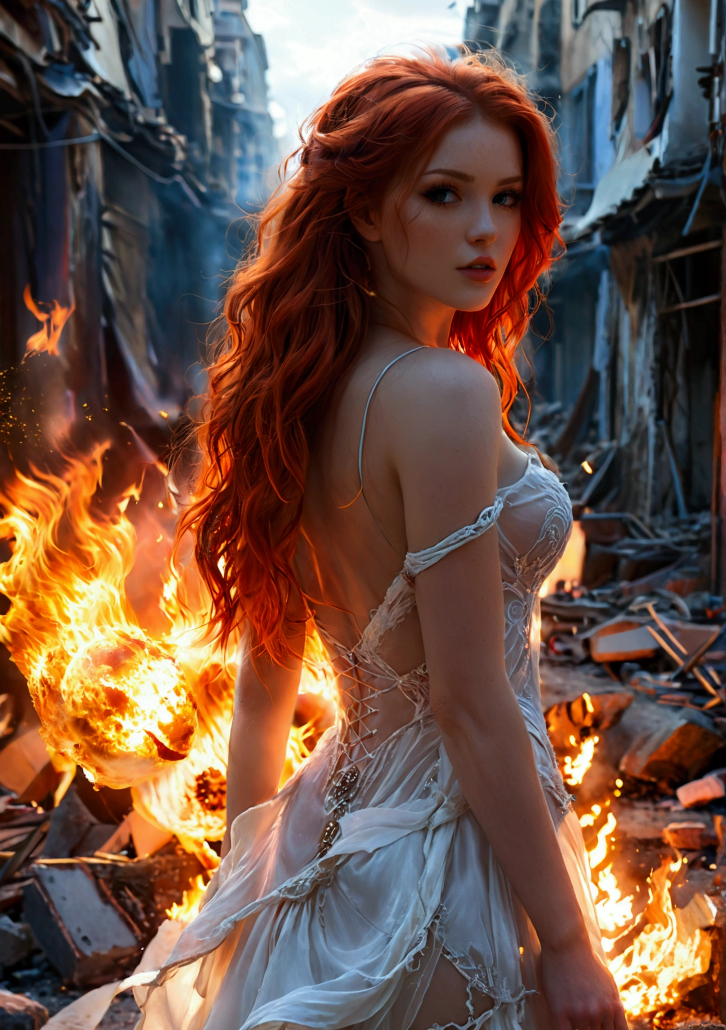 ultra realistic, photography, long red hair, girl, 24 years old, hourglass figure, perfect body, Flirty look, extremely detailed artgerm, in the style artgerm, facing the camera, lens 35 mm, blur background, sexy evil goddess, white see-through dress, fire is coming out of her hands, she is walking through the street of a destroyed city, a big fireball erupts behind her full body, full body shot, wide shot, wide angle