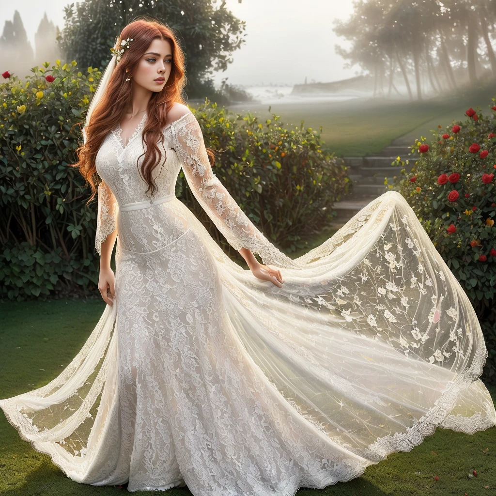 ginger hair stunning girl, 30 years old stunning girl , red rose and orchid garden, epic garden , ( white long lace gown:1.8),(long, messy hair, hair floating in the wind:1.6), blue eyes, detailed eyes, detailed lips, ( sensual, full body:1.5), (photo from low angles:1.5), (rose gardens at the sea shore , fog and fog:1.3), low neck, ray tracing, (best quality, 4k, 8k, high resolution, masterpiece:1.2), very detailed, (realistic , photorealistic, photorealistic :1.37), HDR, UHD, masterpiece, professional, bright and neutral colors, studio lighting,