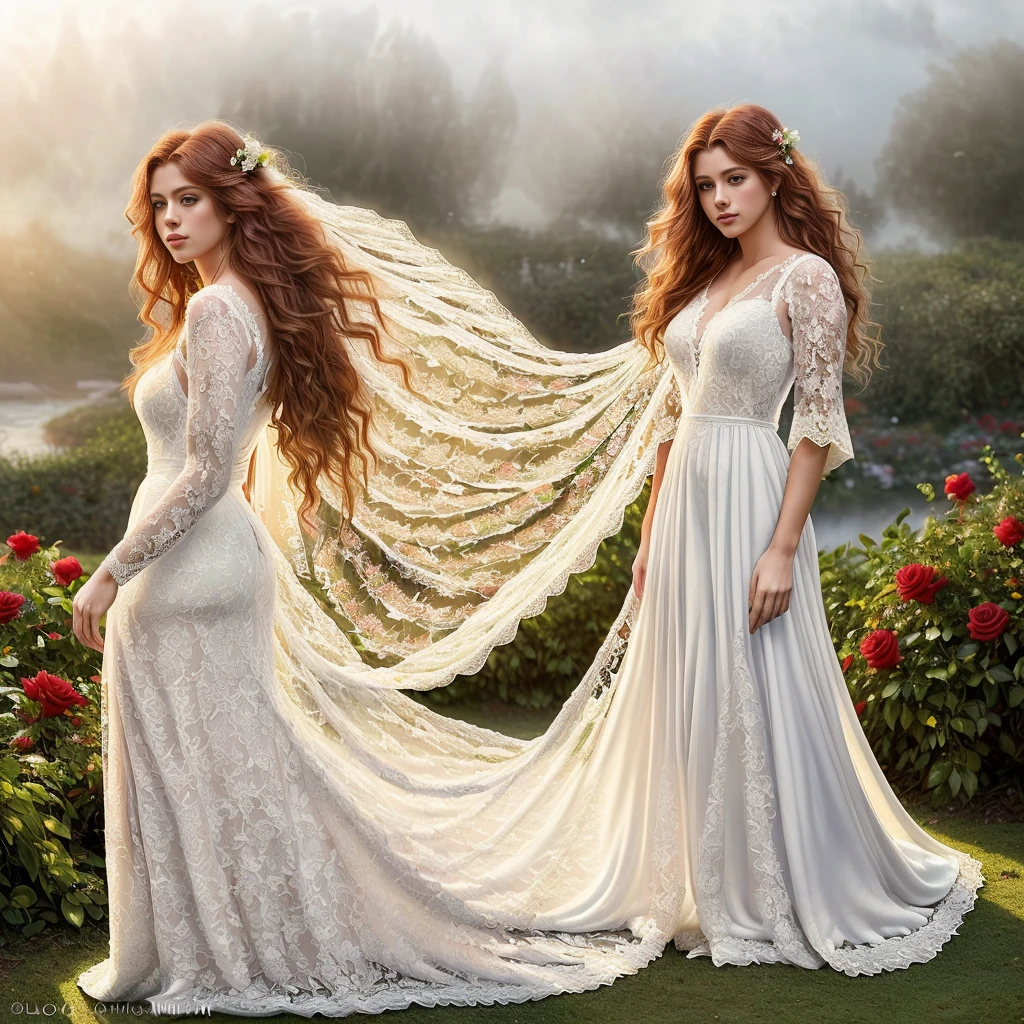 ginger hair stunning girl, 30 years old stunning girl , red rose and orchid garden, epic garden , ( white long lace gown:1.8),(long, messy hair, hair floating in the wind:1.6), blue eyes, detailed eyes, detailed lips, ( sensual, full body:1.5), (photo from low angles:1.5), (rose gardens at the sea shore , fog and fog:1.3), low neck, ray tracing, (best quality, 4k, 8k, high resolution, masterpiece:1.2), very detailed, (realistic , photorealistic, photorealistic :1.37), HDR, UHD, masterpiece, professional, bright and neutral colors, studio lighting,